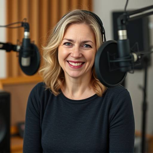 Astrid Olsen, grunnleggeren av Lytt Norge, smiler i et lydstudio.